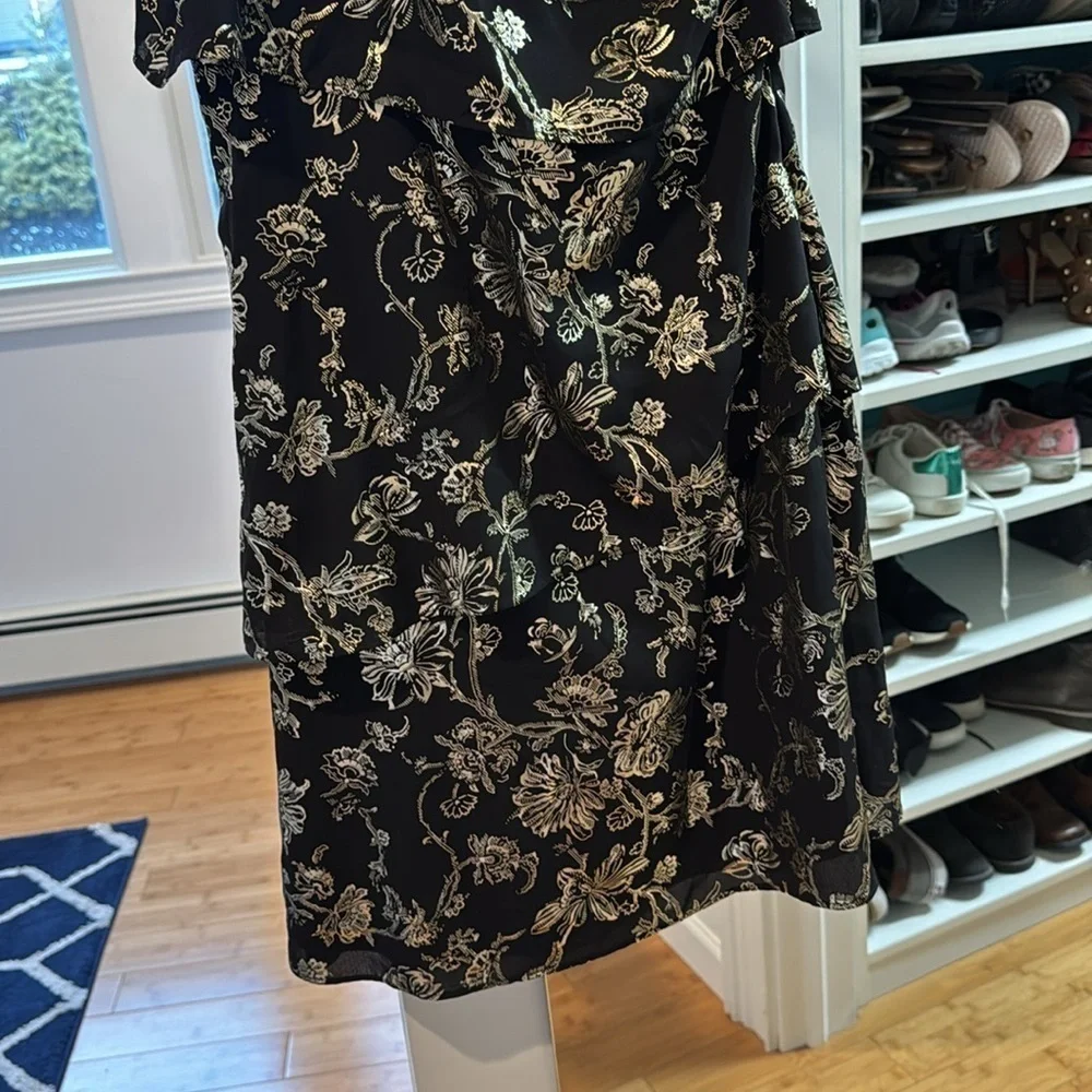 NWT one shoulder ruffle black and gold dress